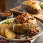 Bacon Cheeseburger Stuffed Twice Baked Potatoes on a rustic plate
