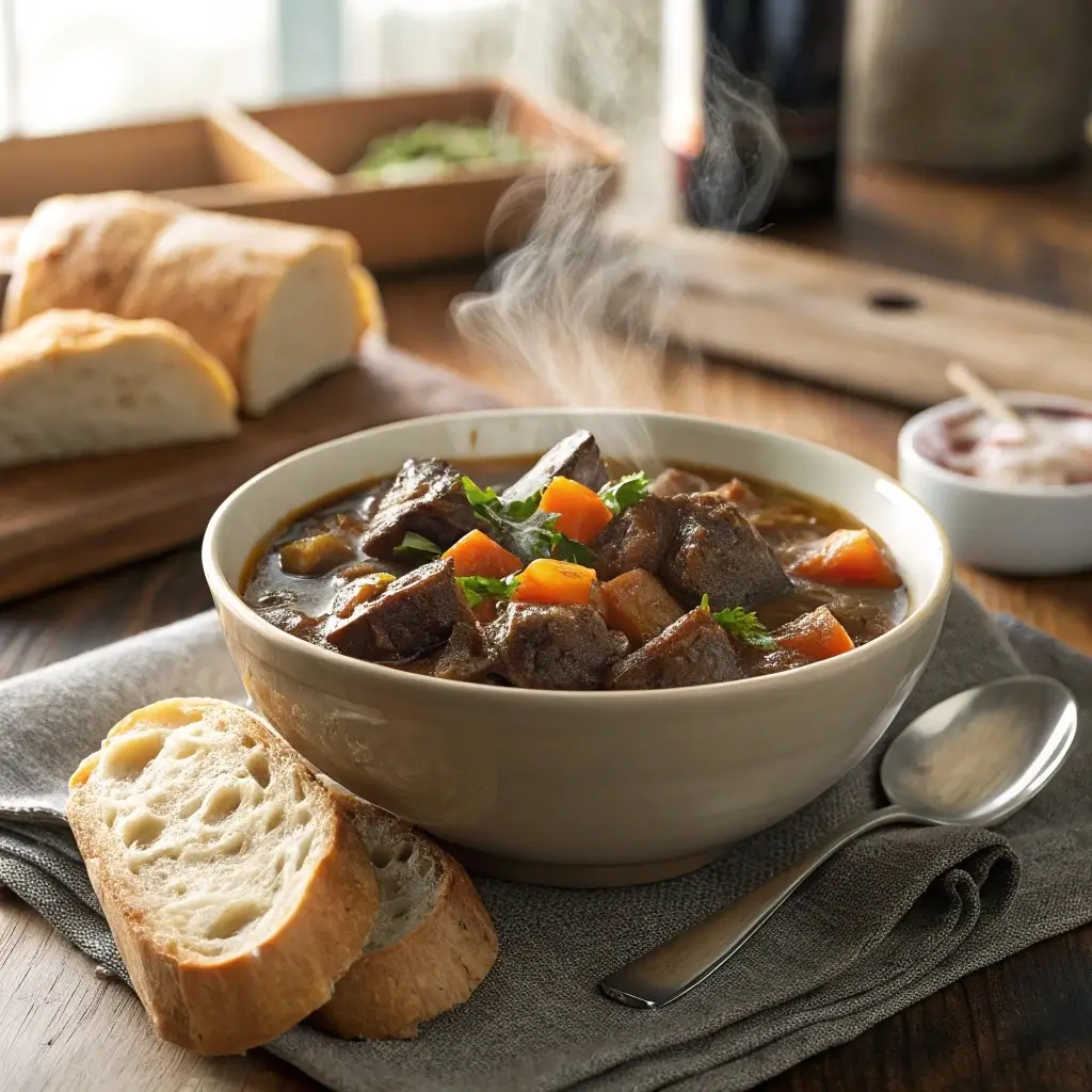 Bowl of slow cooker beef stew ready to serve