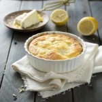 Lemon cream cheese dump cake in white dish with golden topping
