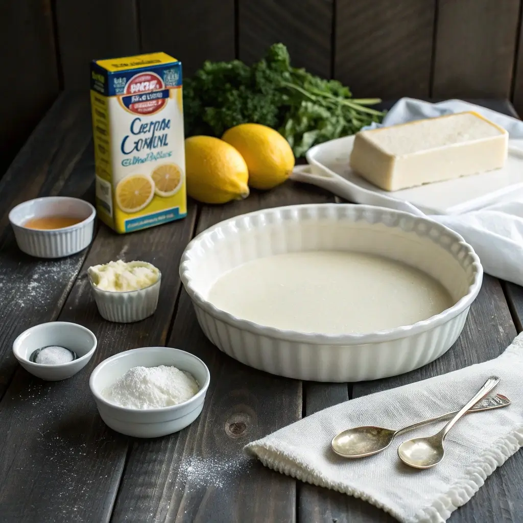 Ingredients for lemon cream cheese dump cake laid out on a table