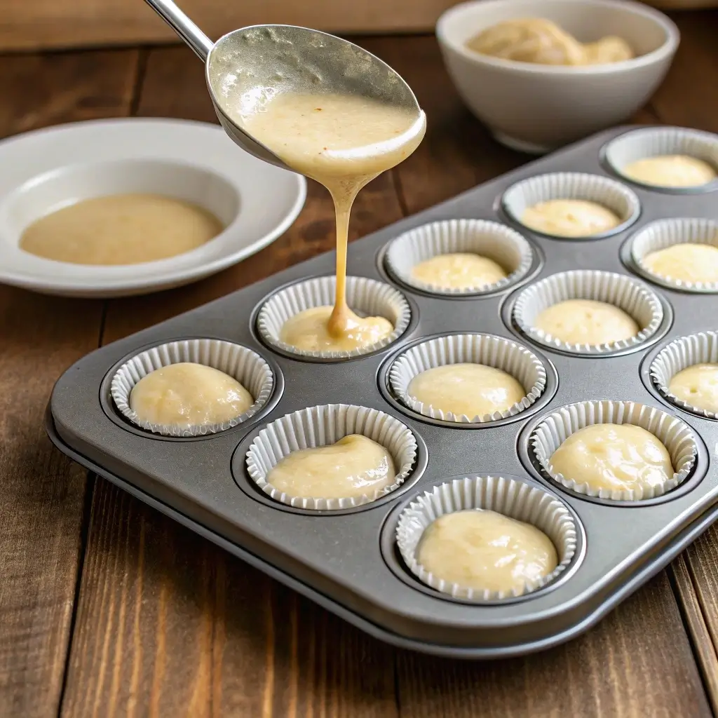 Chai spiced pear oatmeal mixture going into muffin cups