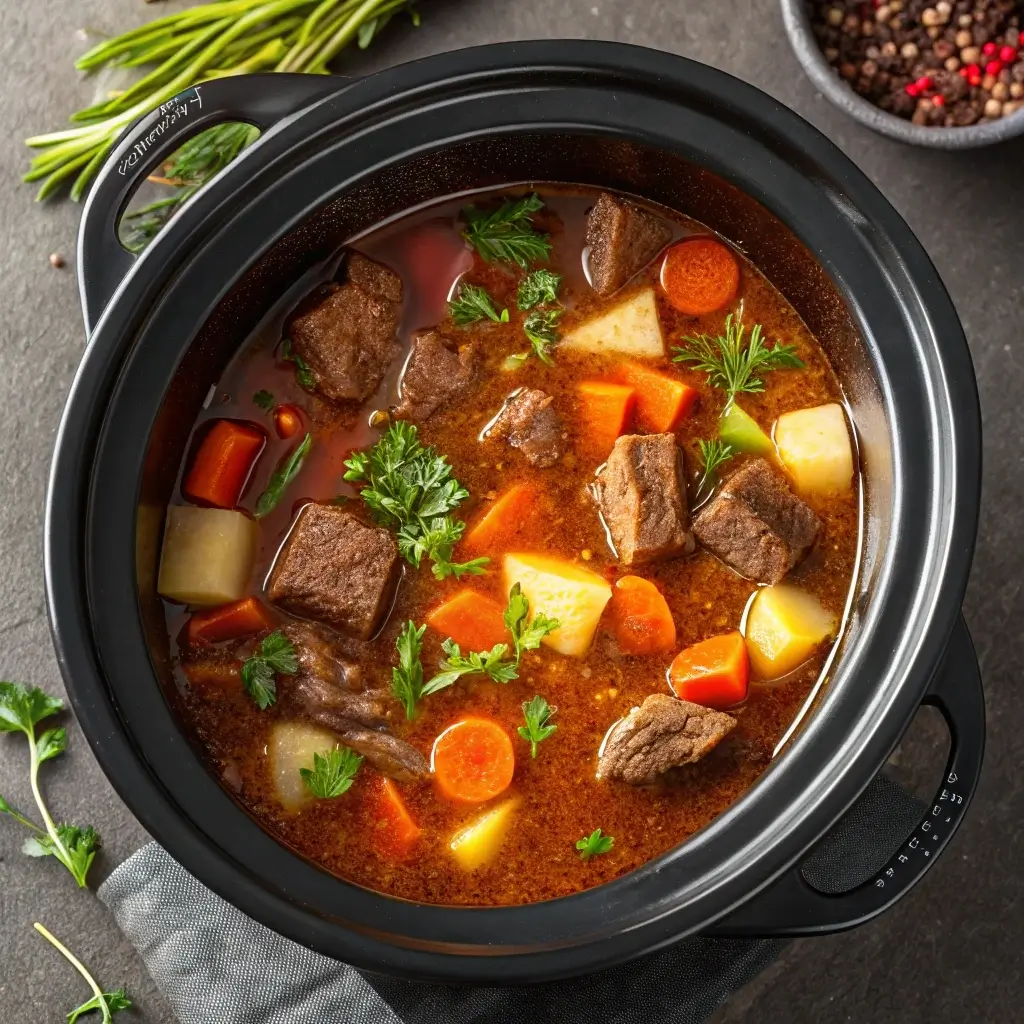 Beef stew simmering in a slow cooker