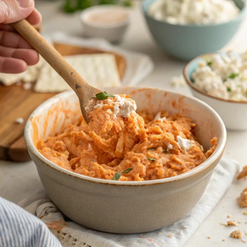 Mixing cottage cheese buffalo chicken dip