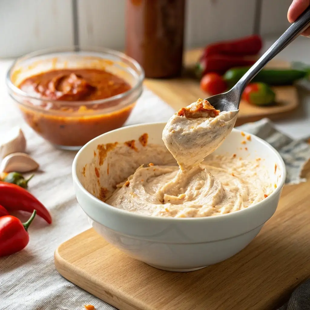 Mixing dairy free buffalo chicken dip ingredients