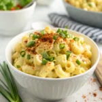Deviled Egg Macaroni Salad in serving bowl