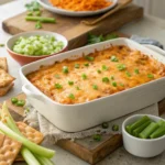 High protein buffalo chicken dip with healthy dippers