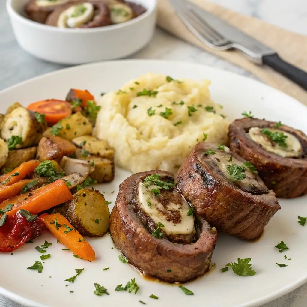 Garlic Parmesan Flank Steak Pinwheels served with mashed potatoes