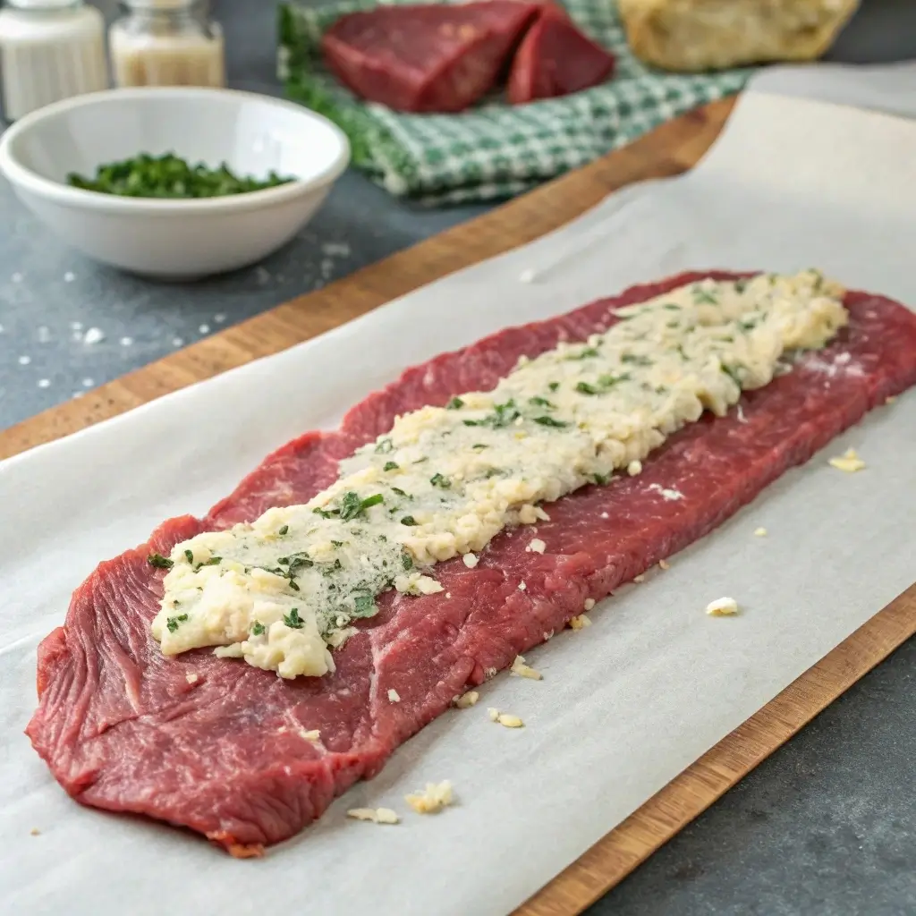 Spreading garlic Parmesan filling on flank steak