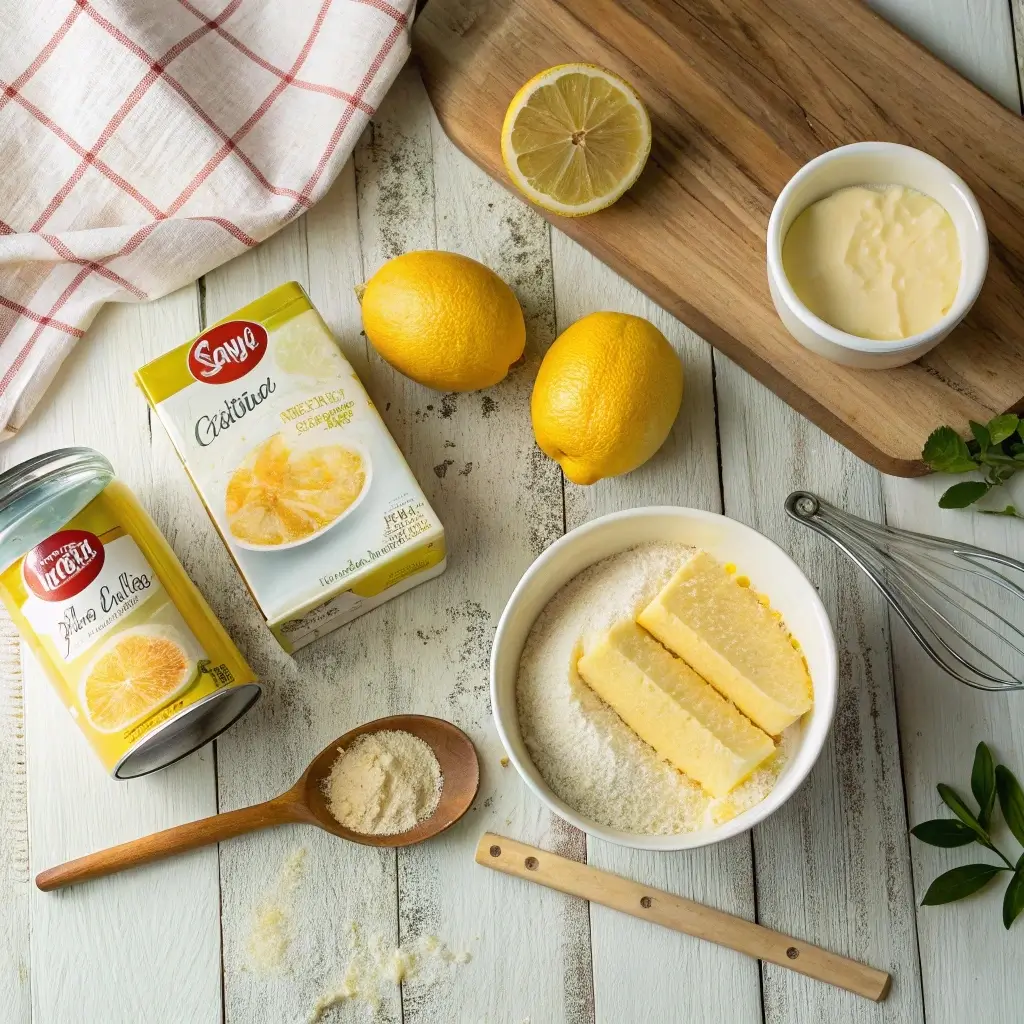 Ingredients for lemon dump cake on countertop