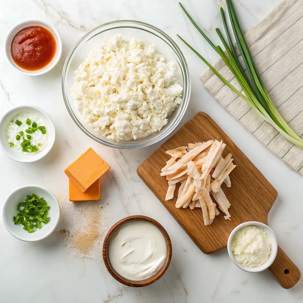 Ingredients for cottage cheese buffalo chicken dip