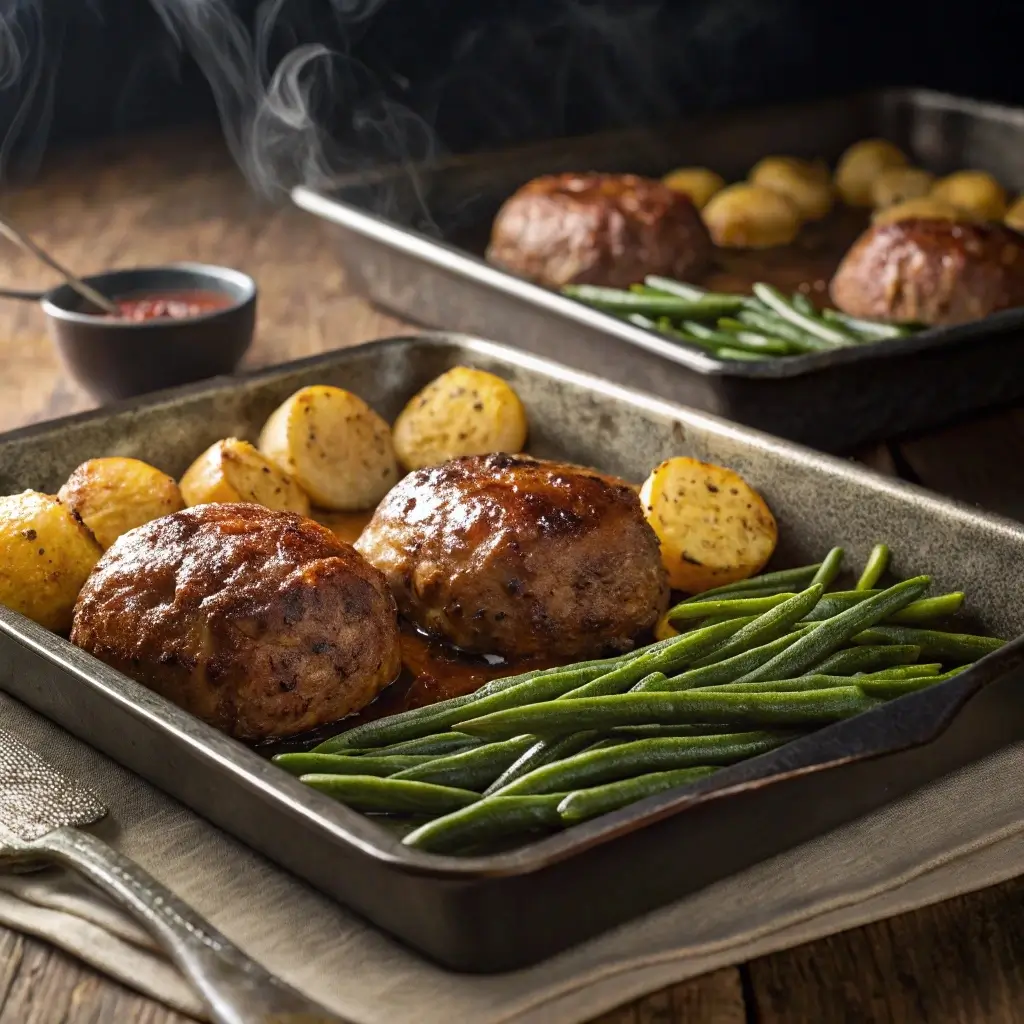 Sheet pan with baked meatloaf, roasted potatoes, and green beans