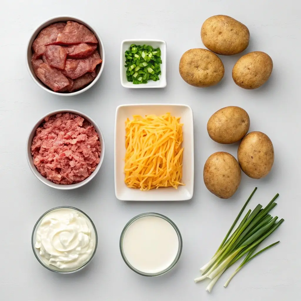 Ingredients for bacon cheeseburger stuffed baked potatoes