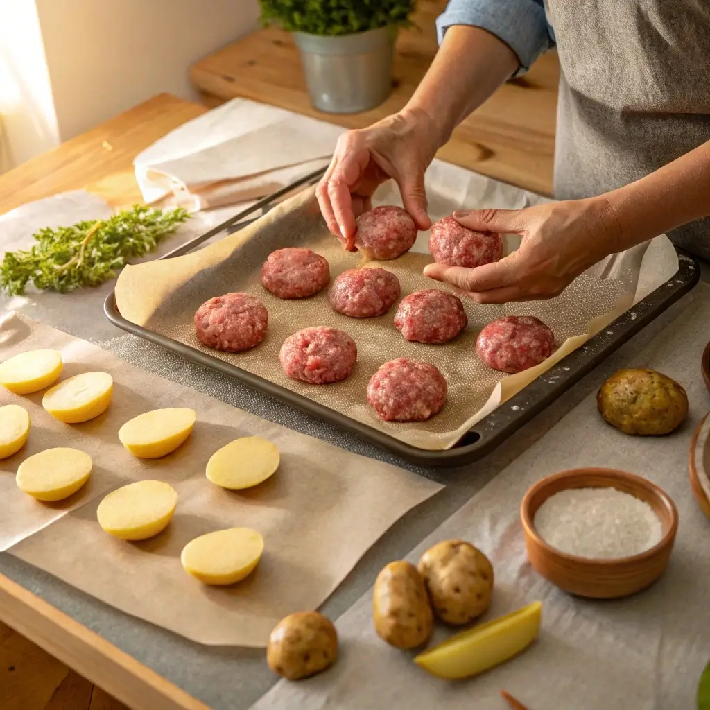 Shaping mini meatloaves on sheet pan for oven