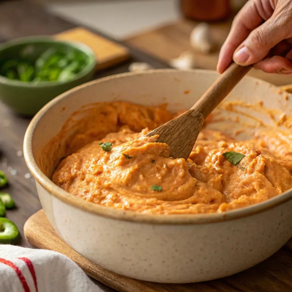 Mixing high protein buffalo chicken dip