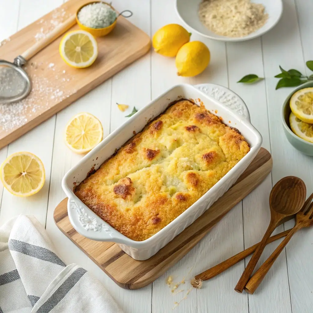 Freshly baked lemon dump cake with golden topping