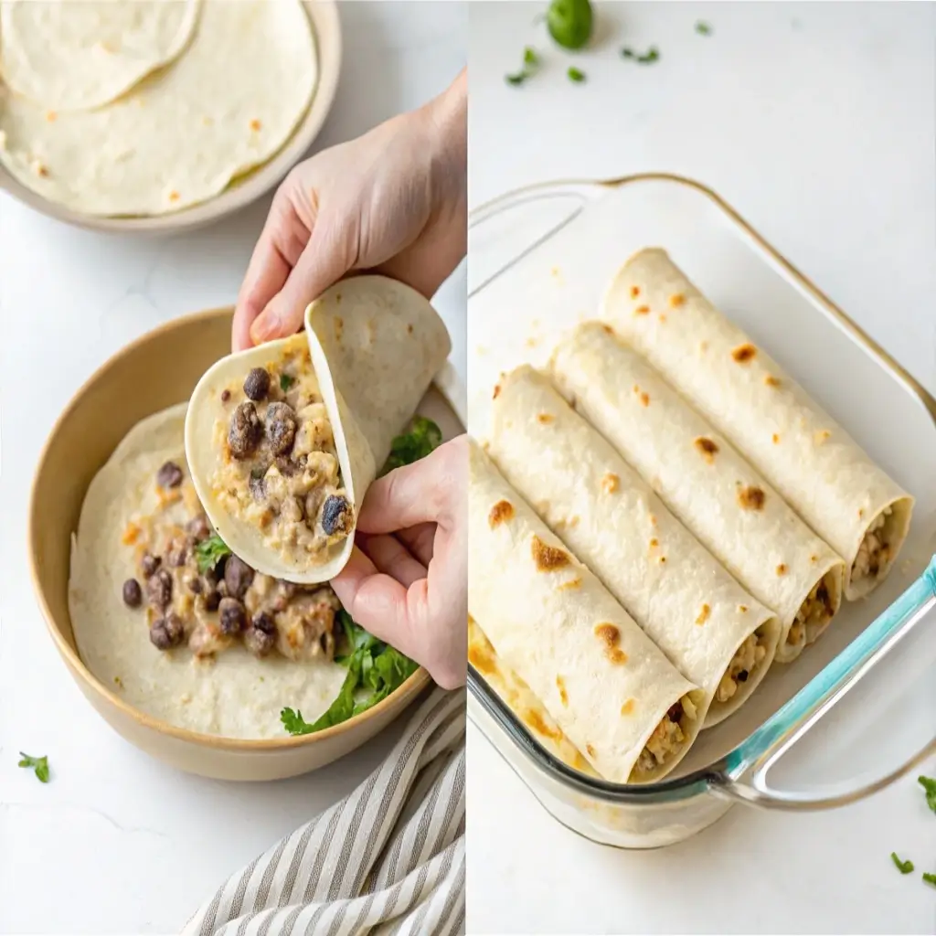 Rolling easy black bean enchiladas with creamy filling
