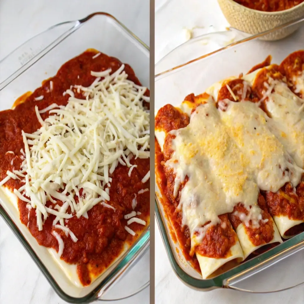 Enchiladas topped with salsa and cheese before and after baking