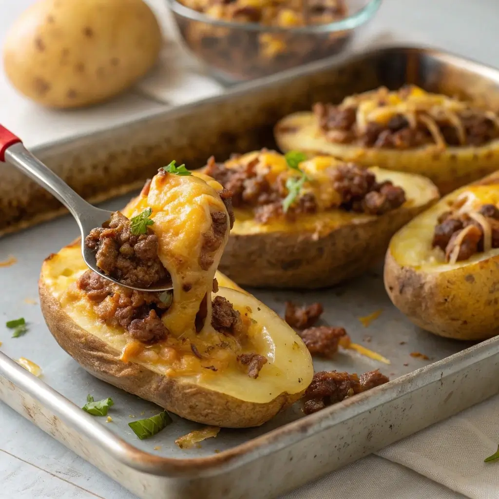 Stuffing twice-baked potato skins with cheeseburger filling