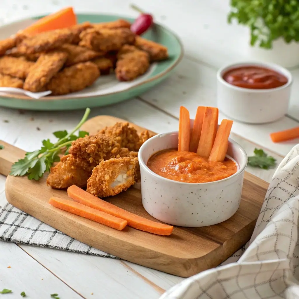 Serving buffalo dipping sauce with tenders and fries