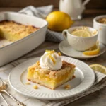 Slice of lemon dump cake served with whipped cream