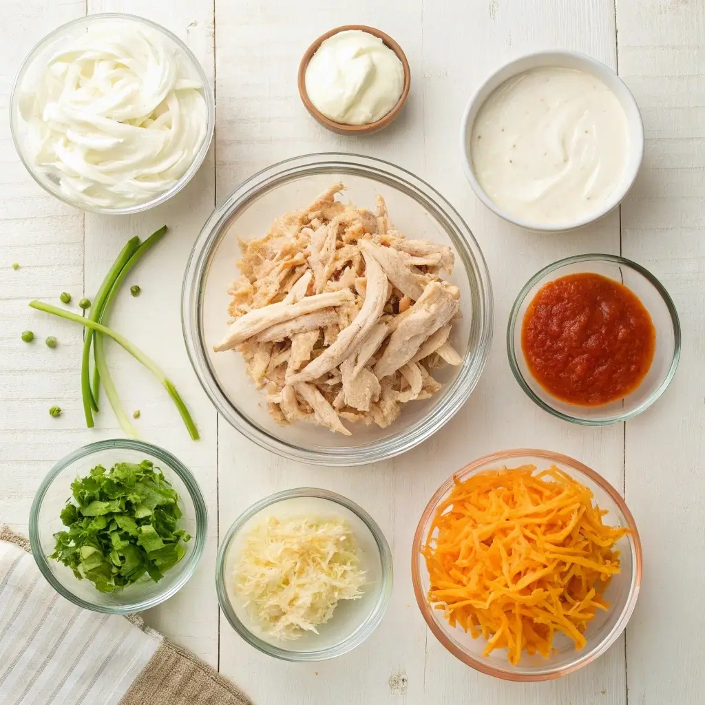 Ingredients for high protein buffalo chicken dip