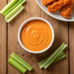 Buffalo dipping sauce served with celery and chicken