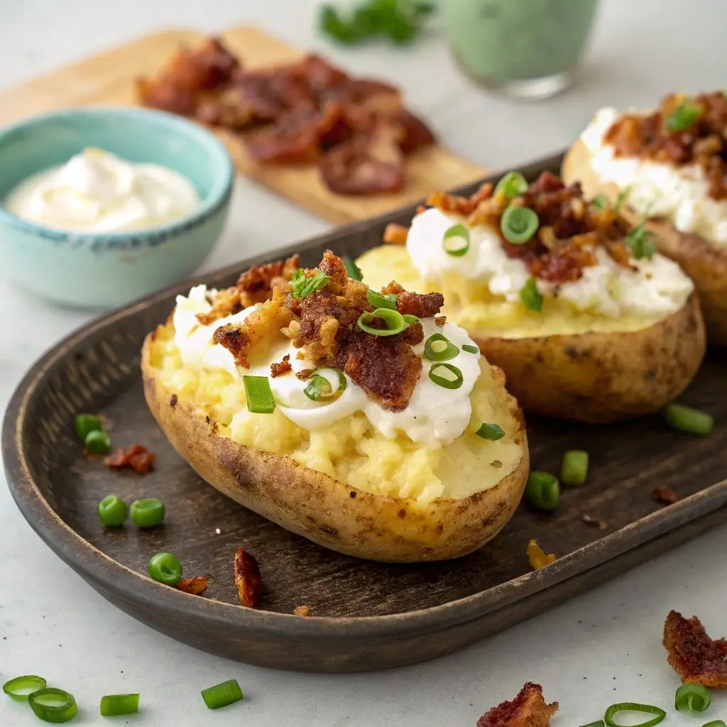 Final plated bacon cheeseburger stuffed twice-baked potatoes