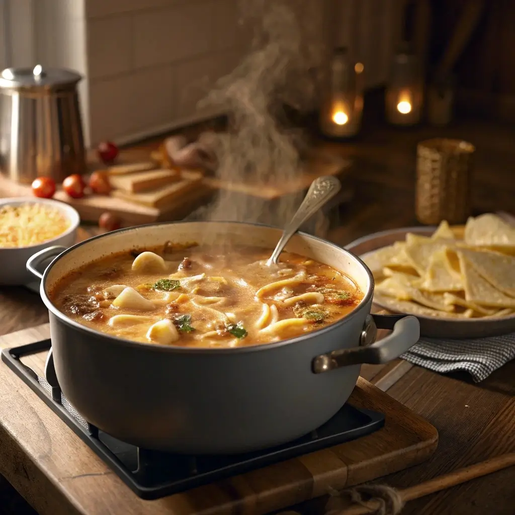 Creamy Lasagna Soup Without Ricotta Simmering in Pot