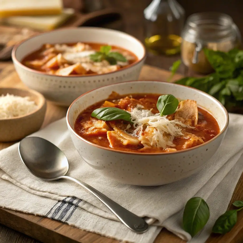 Chicken Lasagna Soup served in bowl with garnish