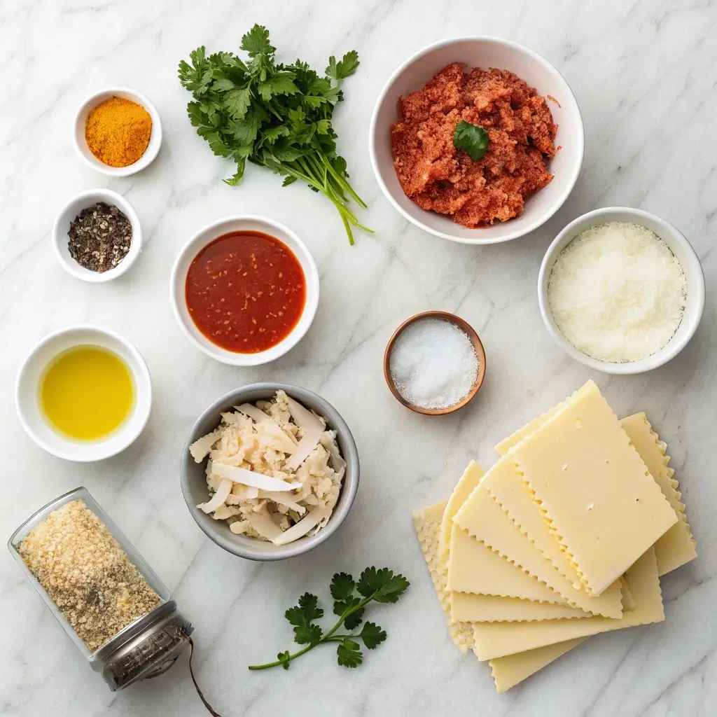 Ingredients for Chicken Lasagna Soup on countertop