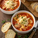 Chicken Lasagna Soup in white bowl with rustic bread
