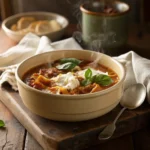 Slow Cooker Lasagna Soup in vintage bowl with cheese and herbs