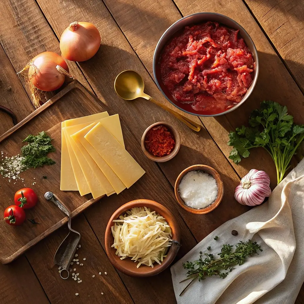 Rustic ingredients for slow cooker lasagna soup laid out